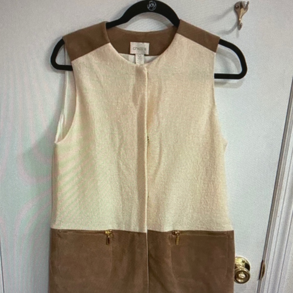 Chico's Cream and Brown Colorblock Sleeveless Coat Vest